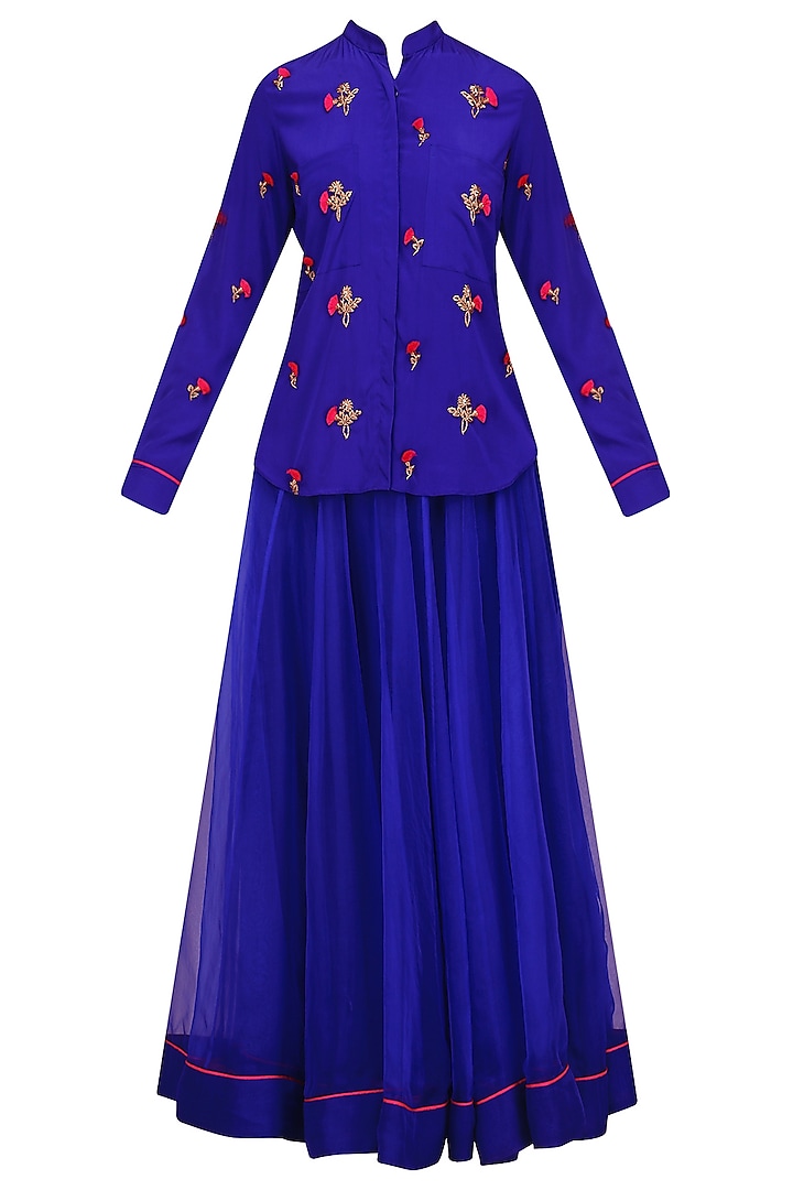 Blue Floral Embroidered Shirt and Skirt Set by Tisha Saksena