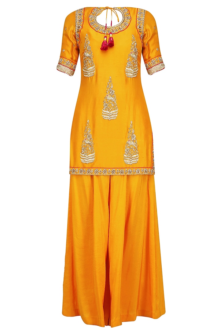 Yellow Embroidered Kurta and Sharara Set by Tisha Saksena