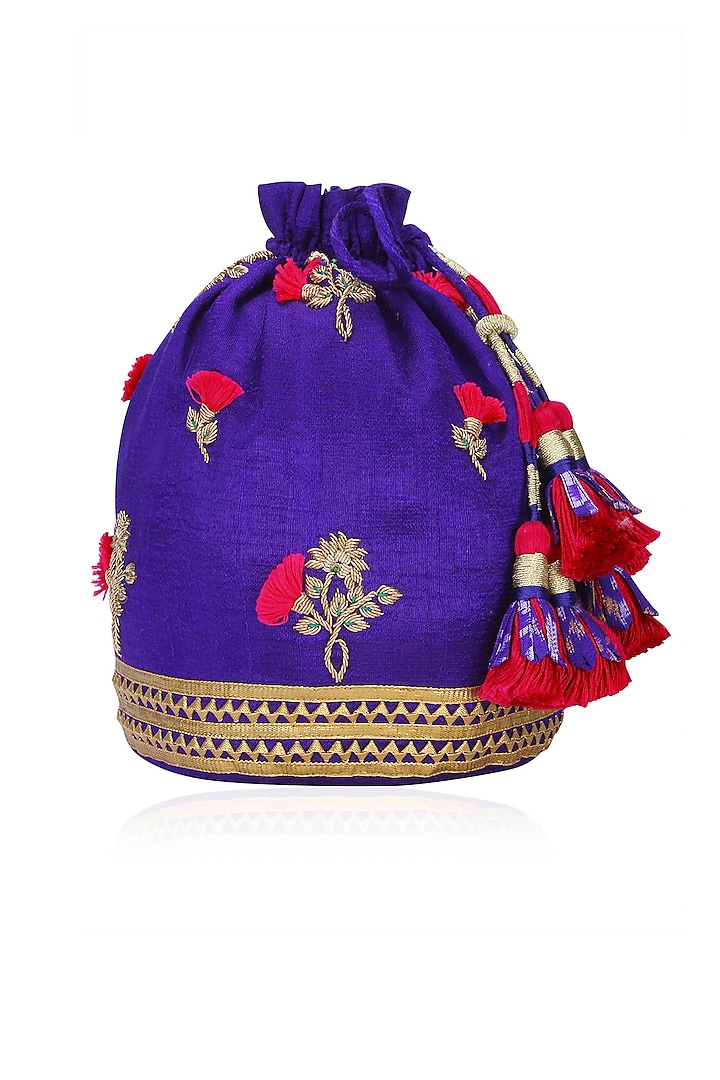 Purple Floral Embroidered Potli Bag by Tisha Saksena