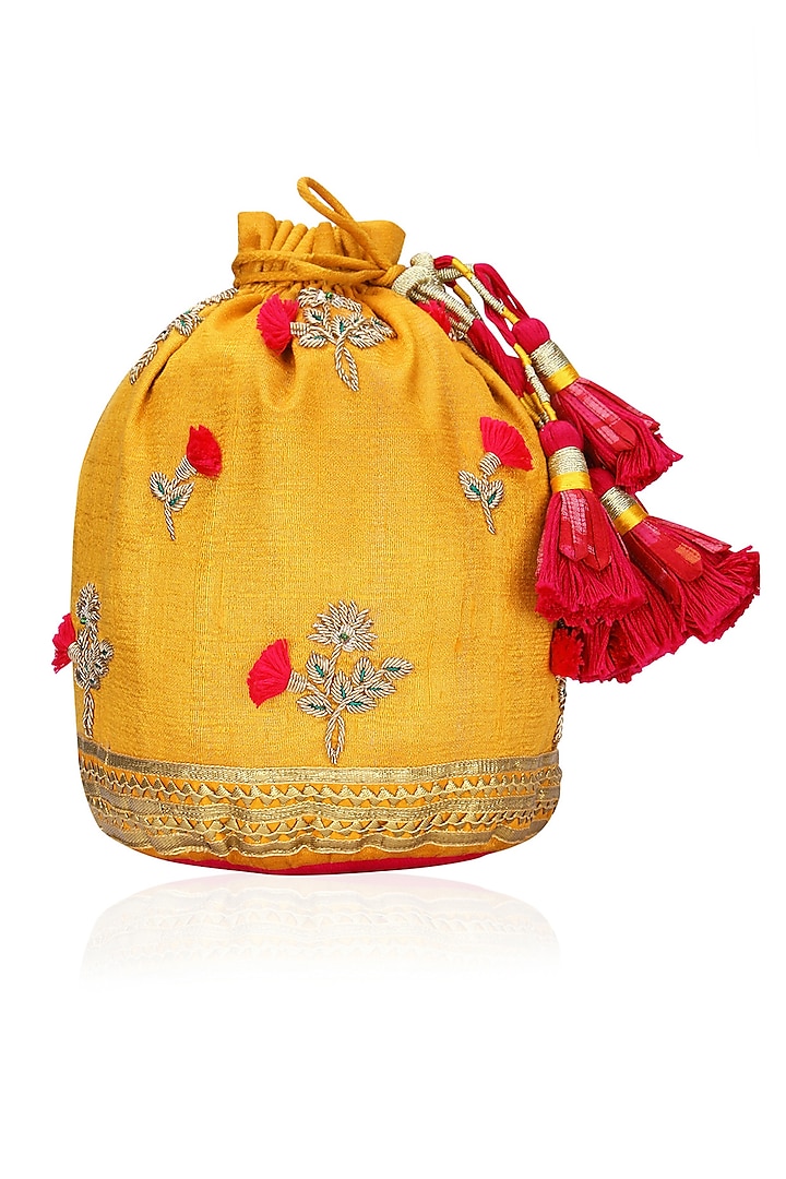 Yellow Floral Embroidered Potli Bag by Tisha Saksena