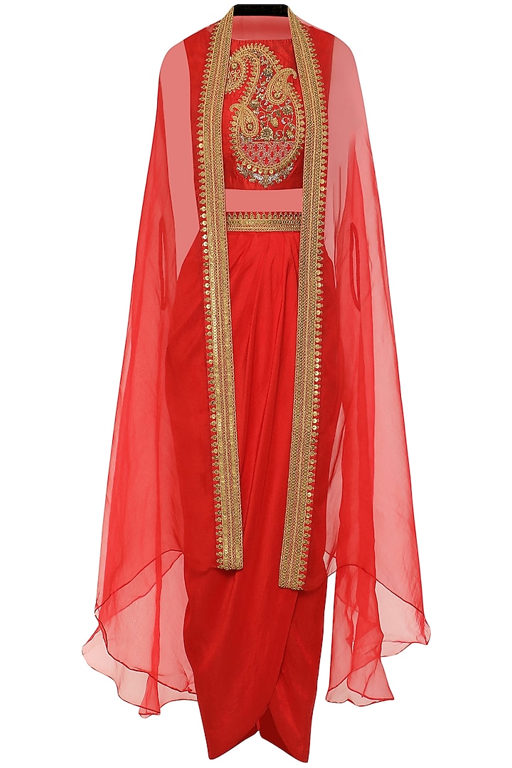Red Embroidered Croptop with Cape and Drape Skirt by Tisha Saksena