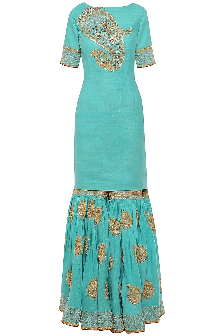 Turqoise embroidered kurta with gharara pants set available only at Pernia's Pop Up Shop.