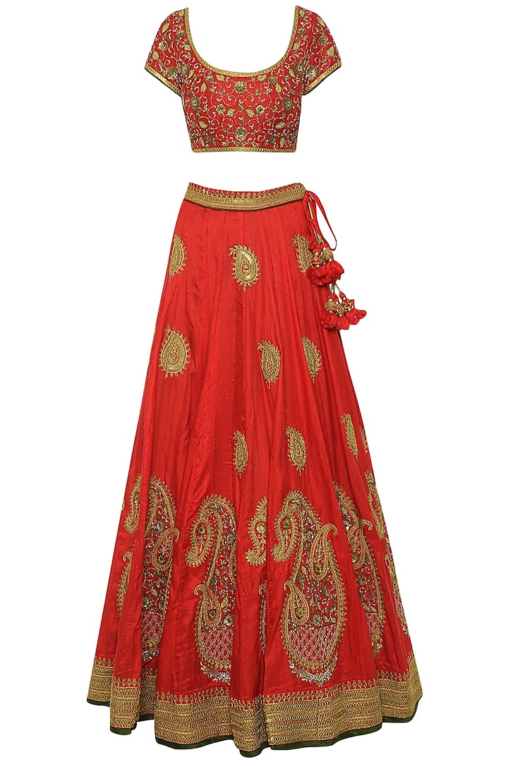 Red Embroidered Lehenga Set by Tisha Saksena