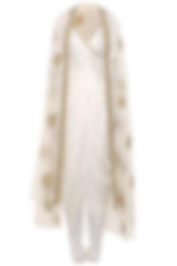 White Asymmetrical Drape Kurta with Embroidered Cape and Churidar Pants by Tisha Saksena