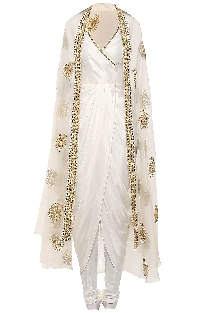 White Asymmetrical Drape Kurta with Embroidered Cape and Churidar Pants by Tisha Saksena