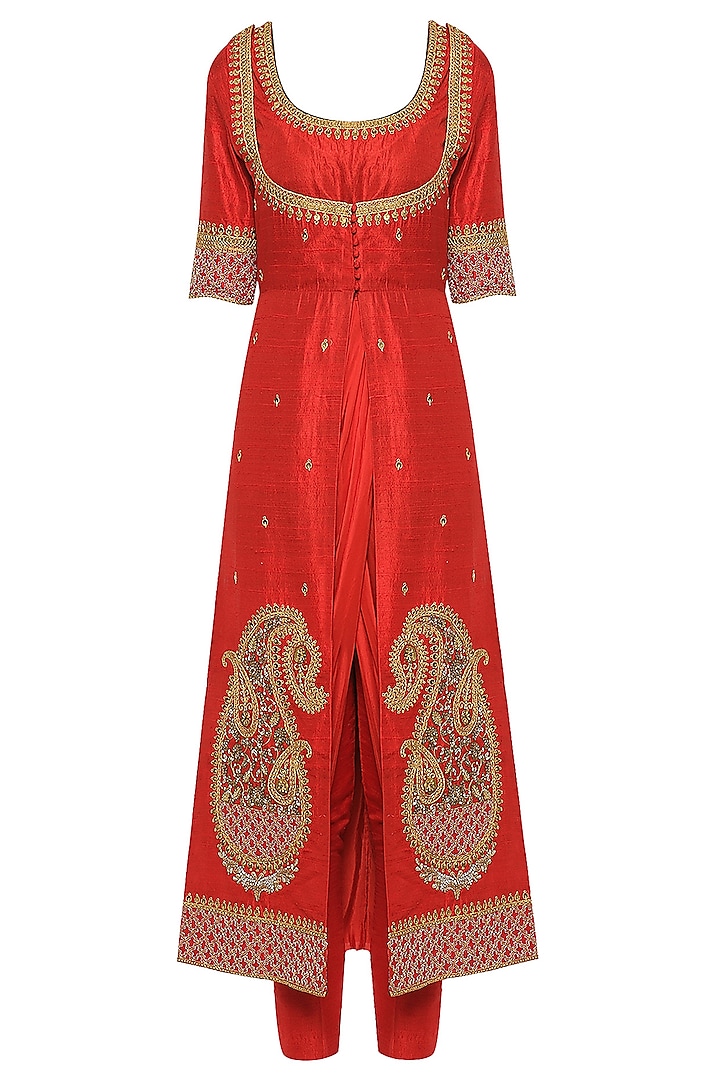 Red Drape Kurta with An Embroidered Jacket and Straight Pants by Tisha Saksena