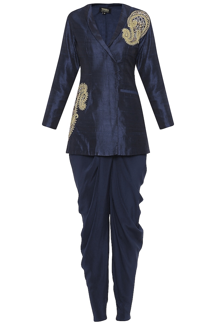 Navy Blue Embroidered Jacket with Dhoti Pants by Tisha Saksena