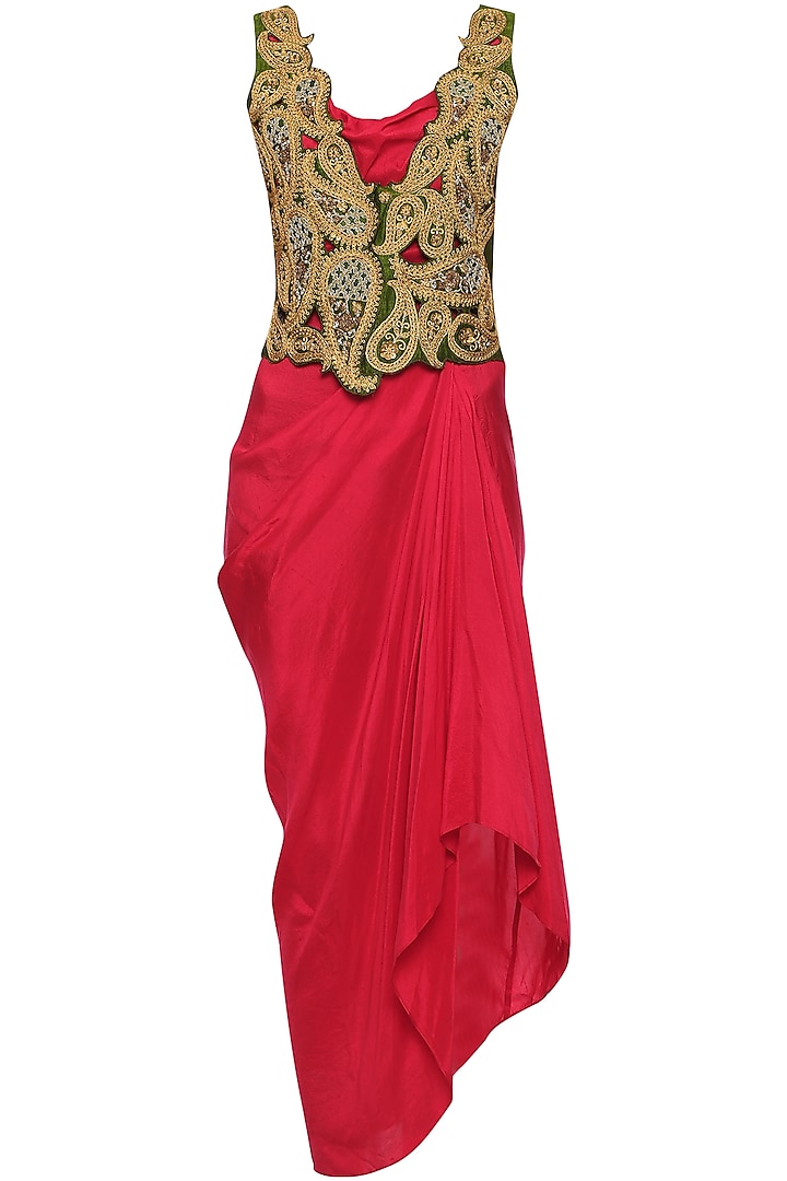 Red Asymmetrical Dress with Cutwork Embroidered Jacket by Tisha Saksena