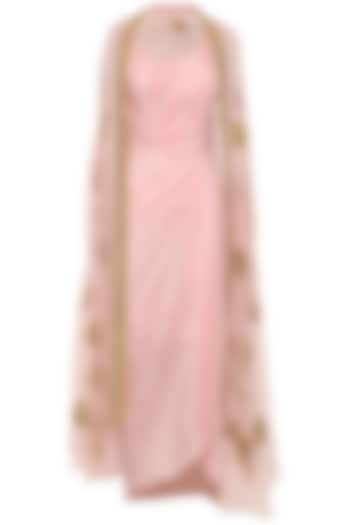 Rose Pink Asymmetrical Pleated Dress with Embroidered Cape by Tisha Saksena