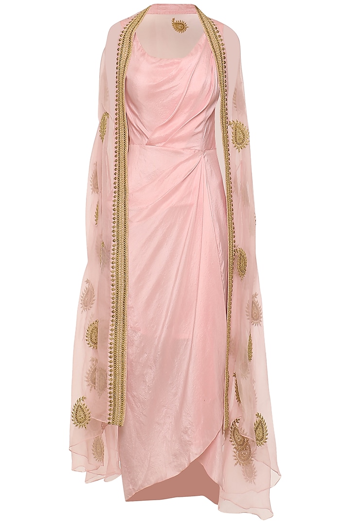 Rose pink asymmetrical pleated dress with embroidered cape available only at Pernia's Pop Up Shop.