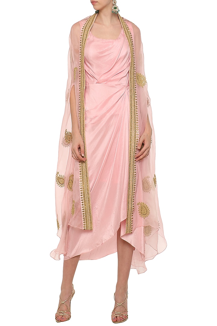 Rose pink asymmetrical pleated dress with embroidered cape available only at Pernia's Pop Up Shop.