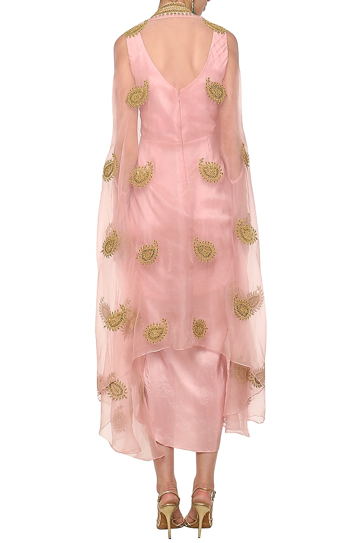 Rose pink asymmetrical pleated dress with embroidered cape available only at Pernia's Pop Up Shop.