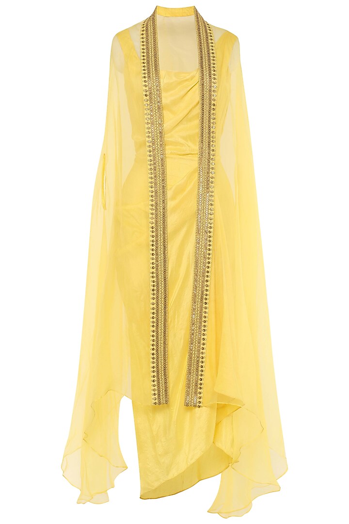 Lemon Asymmetrical Pleated Dress with Embroidered Cape by Tisha Saksena