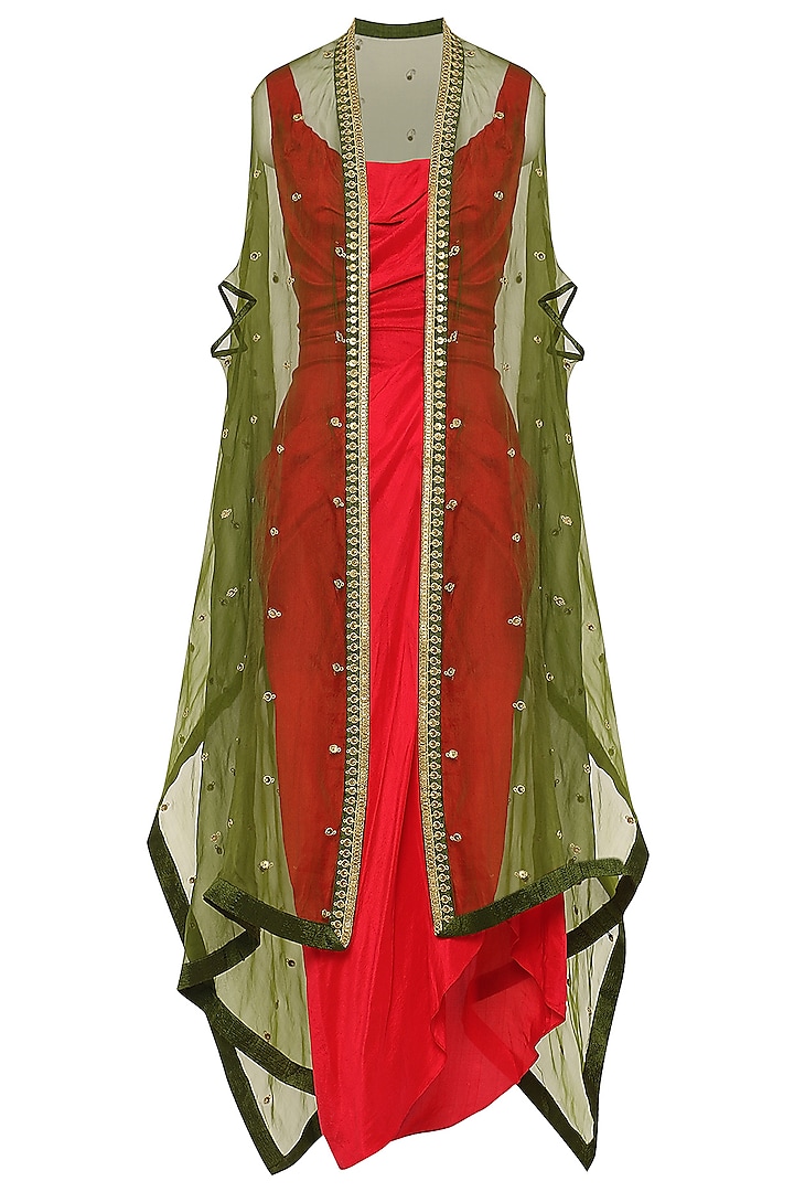 Red Asymmetrical Pleated Dress with Green Embroidered Cape by Tisha Saksena