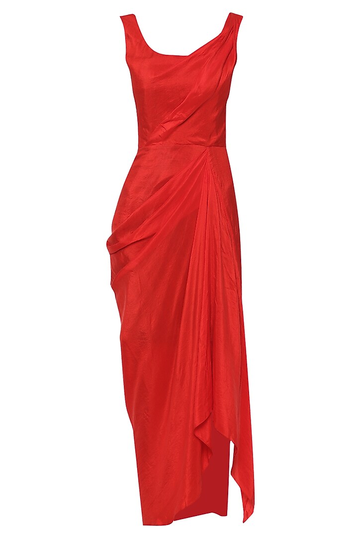 Red asymmetrical pleated dress with green embroidered cape available only at Pernia's Pop Up Shop.