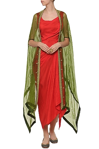 Red Asymmetrical Pleated Dress with Green Embroidered Cape by Tisha Saksena