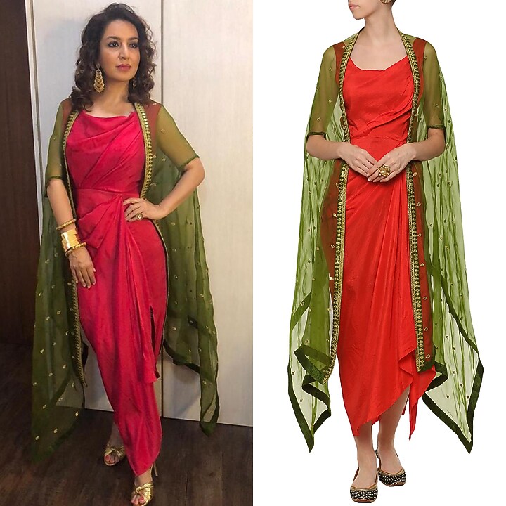 Red asymmetrical pleated dress with green embroidered cape available only at Pernia's Pop Up Shop.