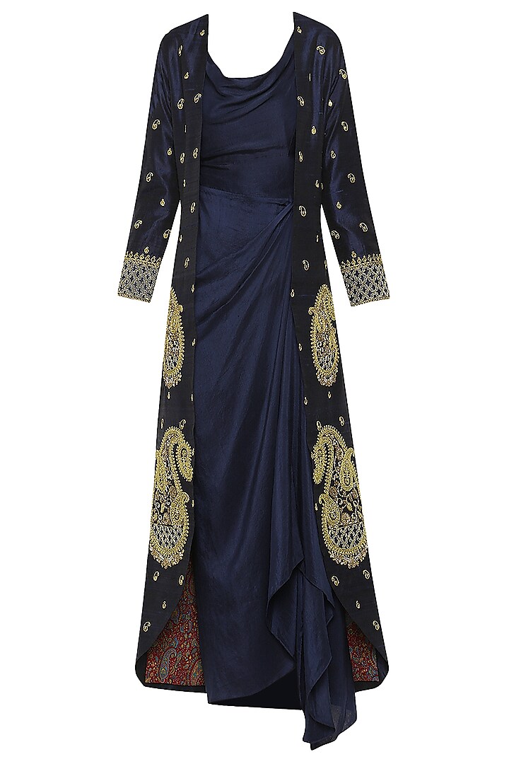 Navy Blue Asymmetrical Dress with Embroidered Jacket by Tisha Saksena