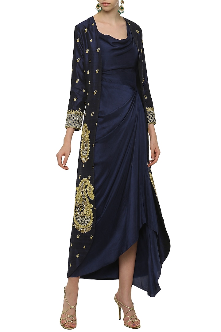 Navy blue asymmetrical dress with embroidered jacket available only at Pernia's Pop Up Shop.