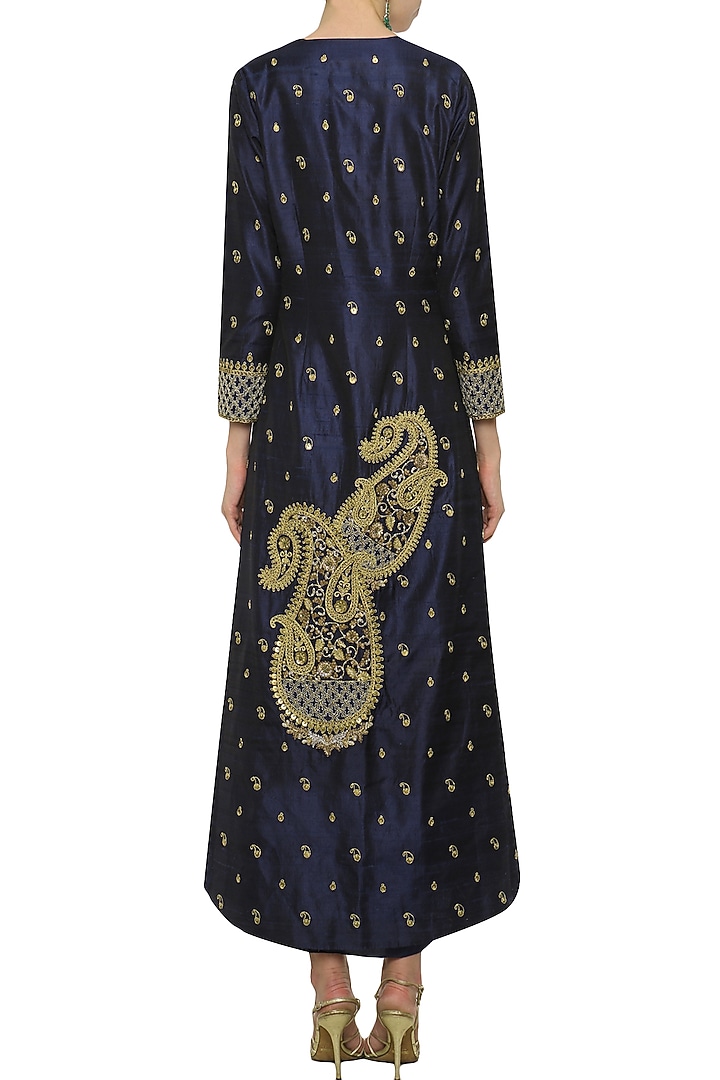 Navy blue asymmetrical dress with embroidered jacket available only at Pernia's Pop Up Shop.