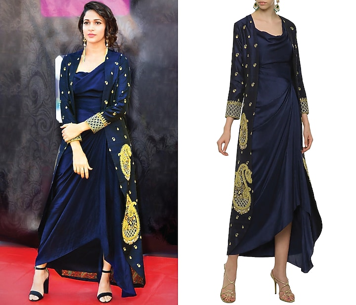 Navy blue asymmetrical dress with embroidered jacket available only at Pernia's Pop Up Shop.