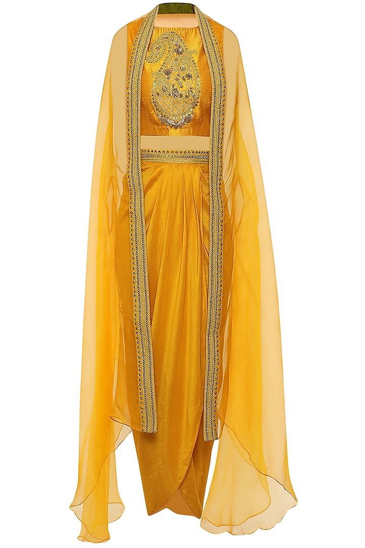 Yellow Crop Top with Embroidered Cape and Drape Skirt by Tisha Saksena