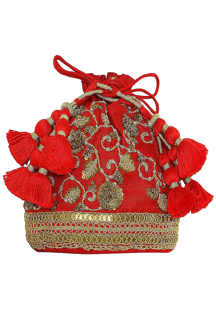 Red Floral Embroidered Potli Bag by Tisha Saksena