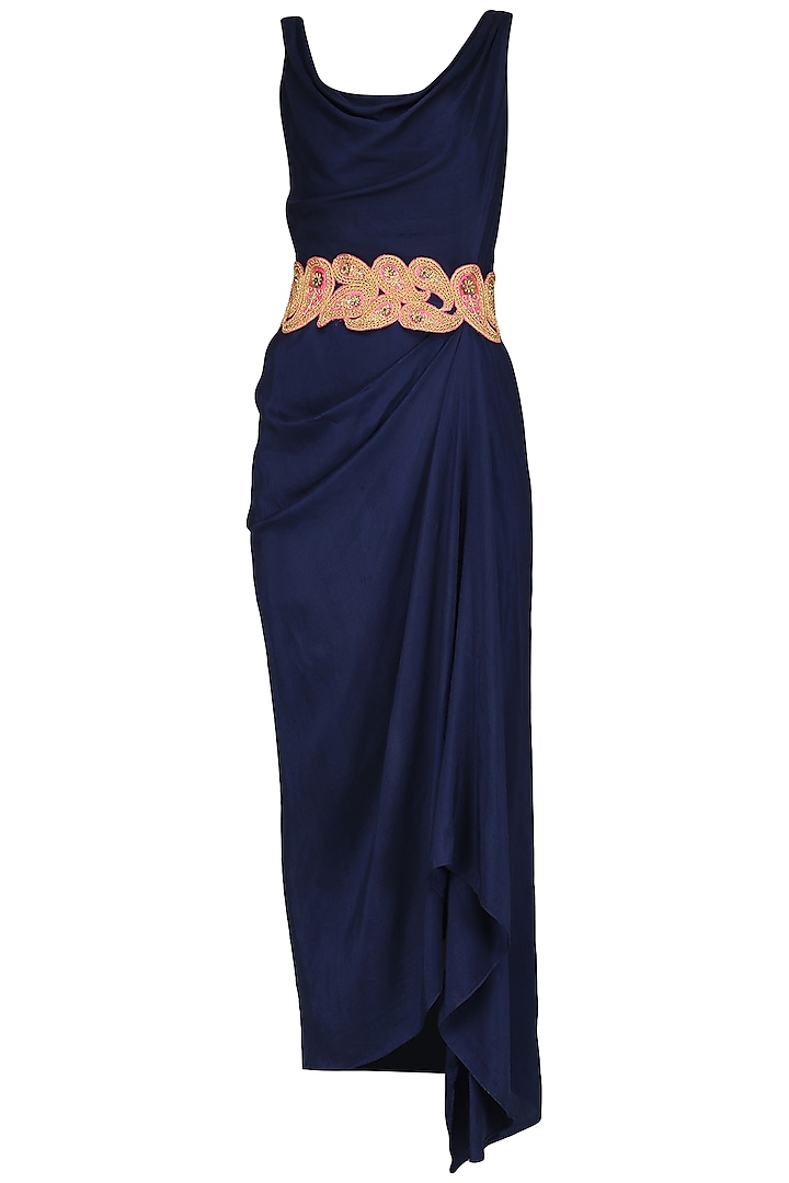 Blue Maxi Dress with Embroidered Belt by Tisha Saksena