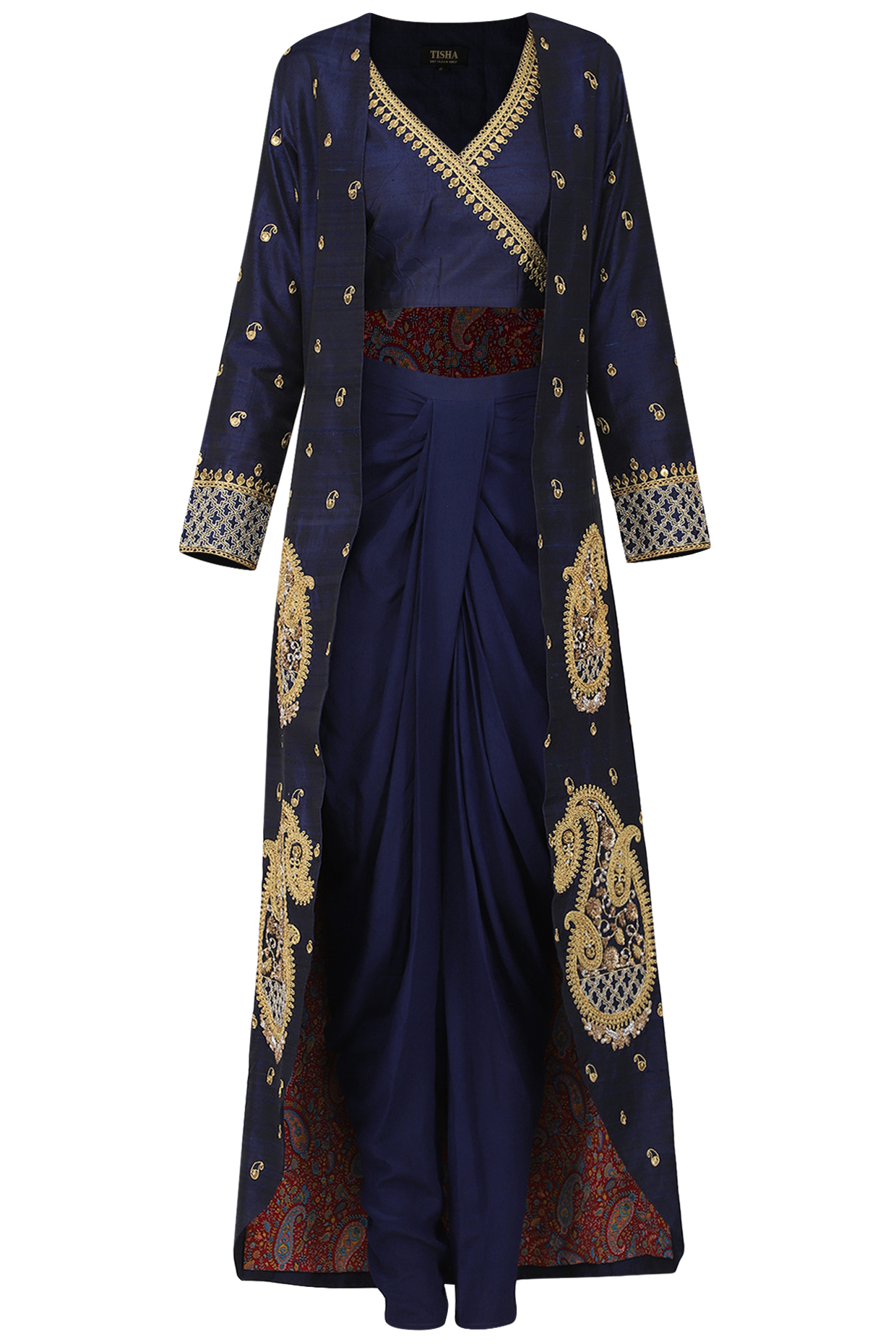 Navy blue embroidered jacket with crop top and dhoti pants available only at Pernia's Pop Up Shop.