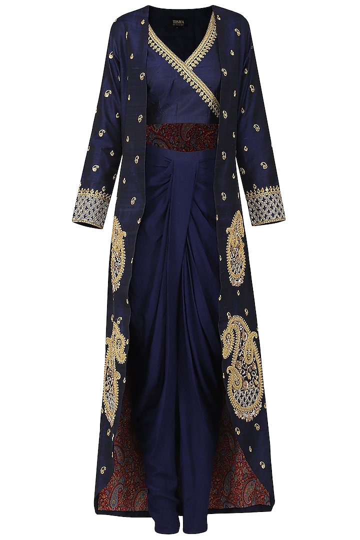 Navy Blue Embroidered Jacket with Crop Top and Dhoti Pants by Tisha Saksena