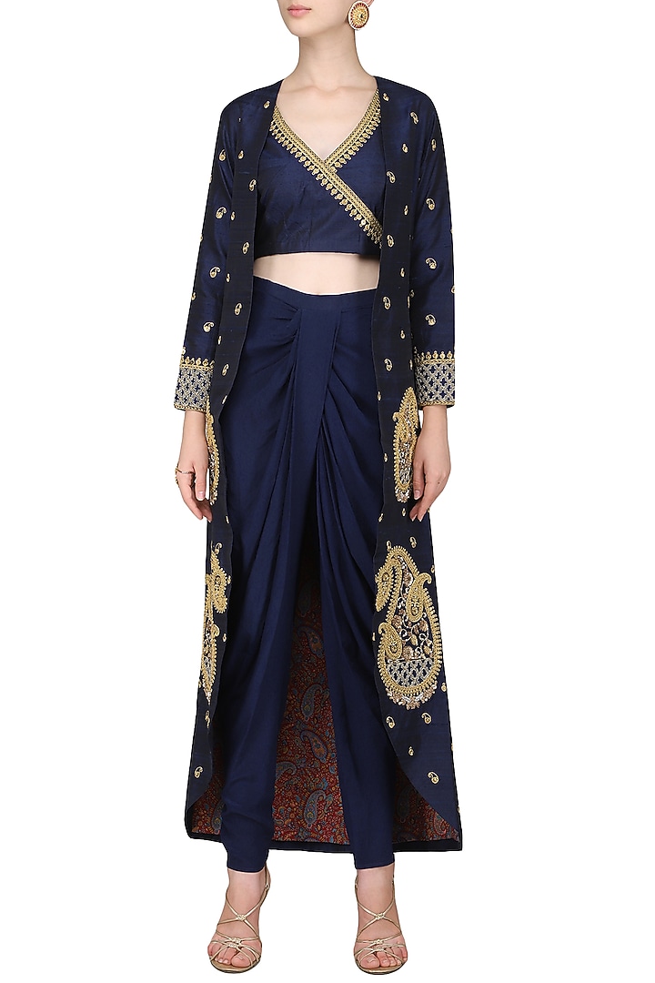 Navy blue embroidered jacket with crop top and dhoti pants available only at Pernia's Pop Up Shop.