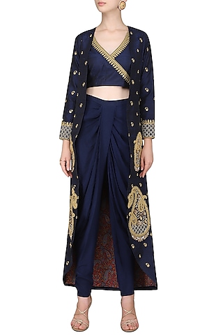 Navy Blue Embroidered Jacket with Crop Top and Dhoti Pants by Tisha Saksena