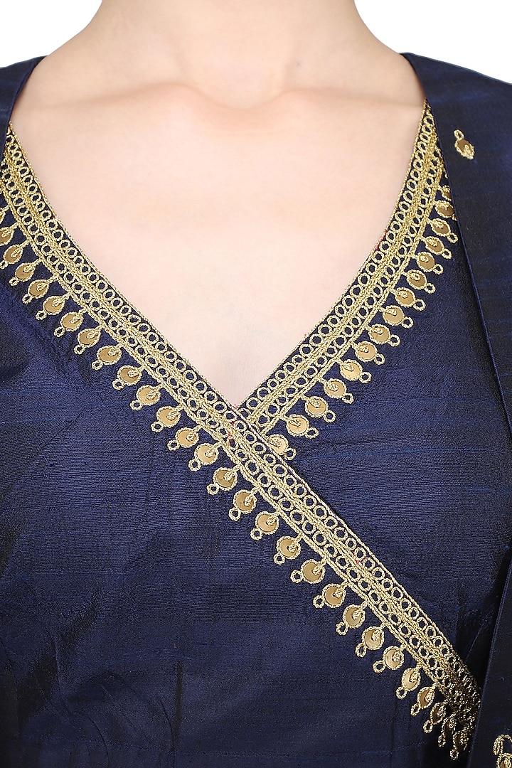 Navy blue embroidered jacket with crop top and dhoti pants available only at Pernia's Pop Up Shop.