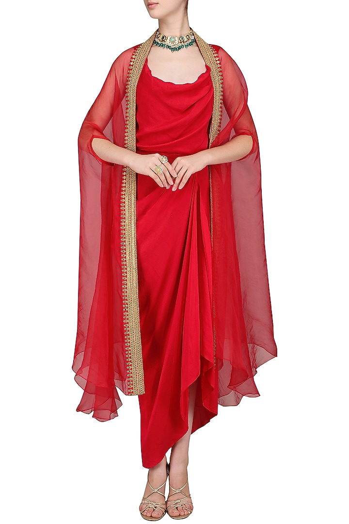 Red drape dress with embroidered cape available only at Pernia's Pop Up Shop.