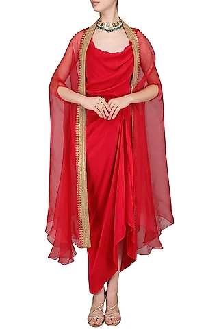Red Drape Dress with Embroidered Cape by Tisha Saksena