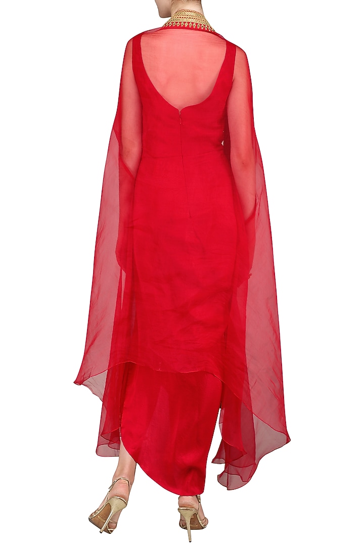 Red drape dress with embroidered cape available only at Pernia's Pop Up Shop.