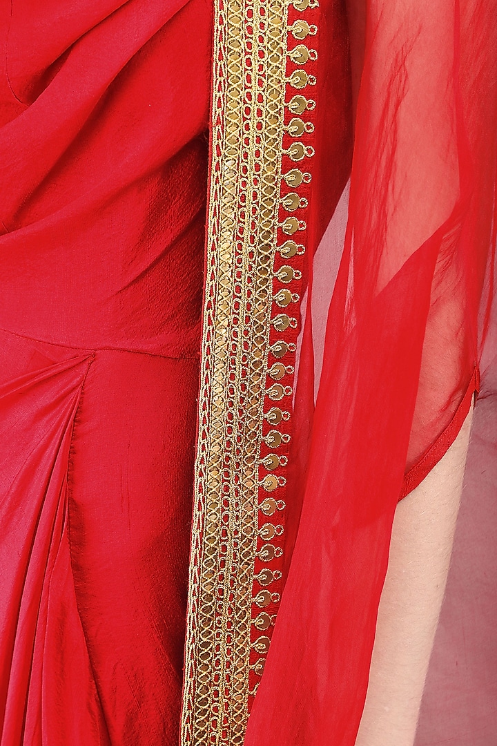 Red drape dress with embroidered cape available only at Pernia's Pop Up Shop.