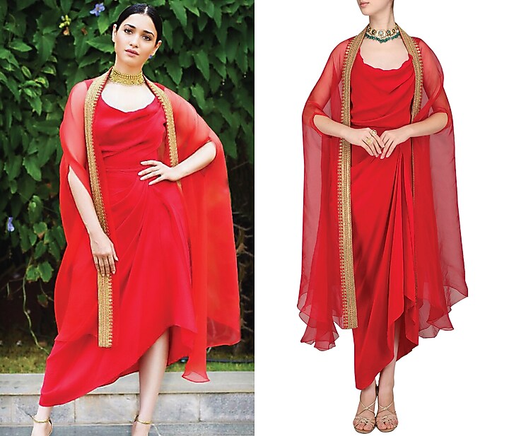 Red drape dress with embroidered cape available only at Pernia's Pop Up Shop.