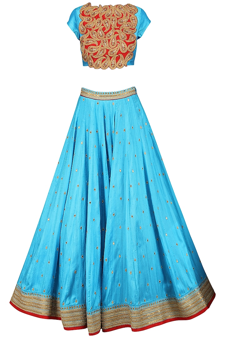 Turquoise Embroidered Lehenga Set by Tisha Saksena