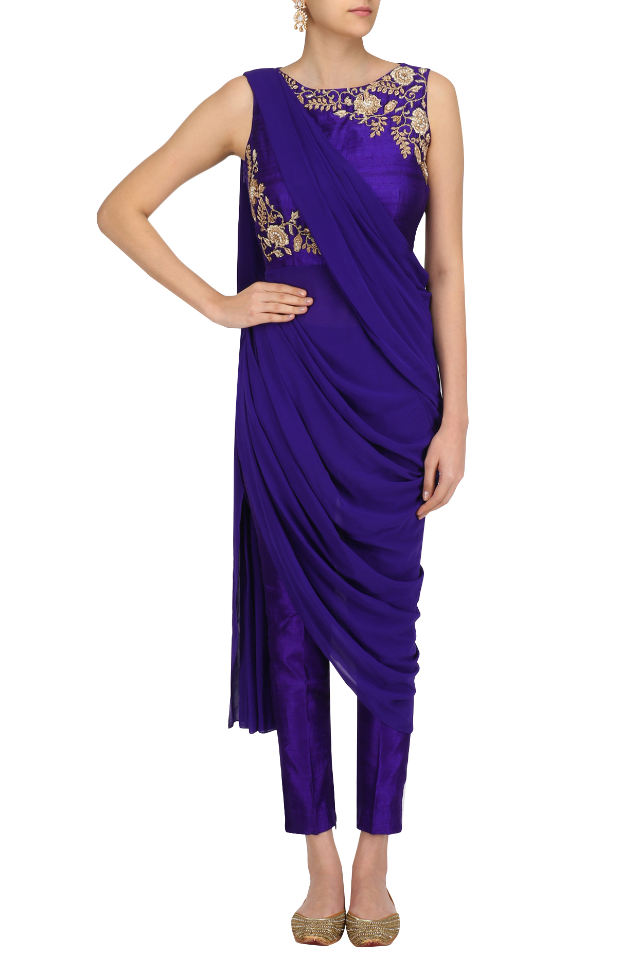 Violet floral work drape saree with straight pants available only at Pernia's Pop Up Shop.