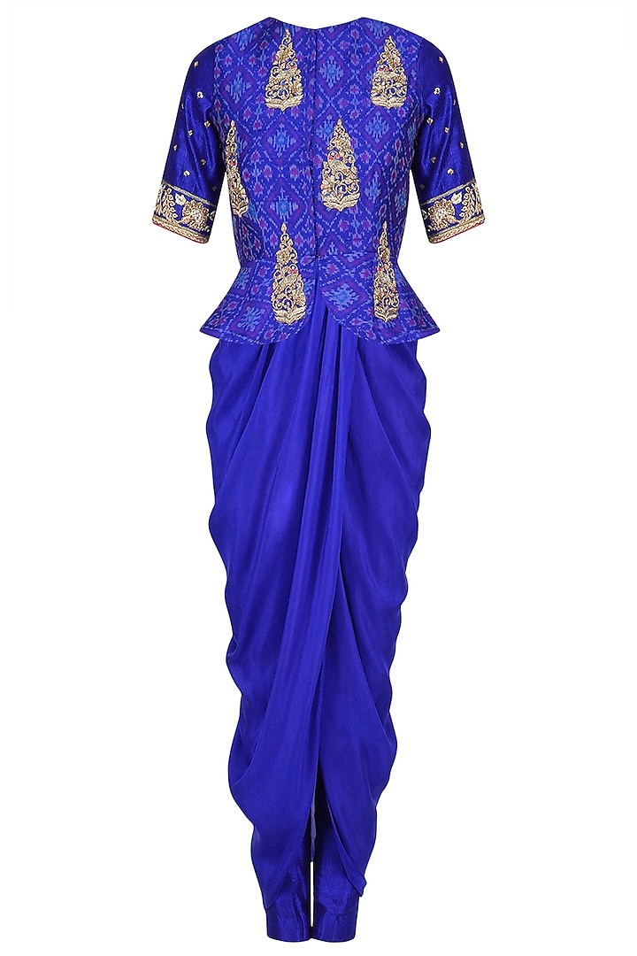 Blue Ikat Printed Peplum Jacket with Drape Kurta Set by Tisha Saksena