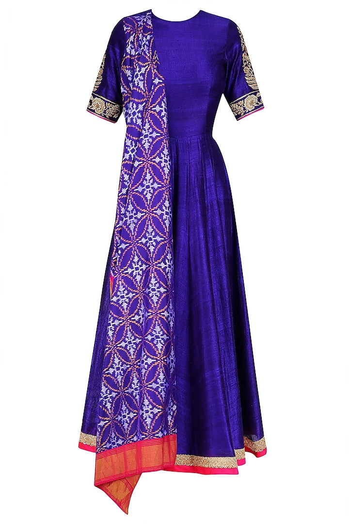 Purple Embroidered Anarkali Set with Draped Ikat Print Dupatta by Tisha Saksena
