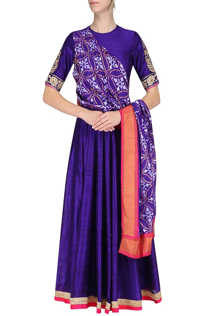 Purple embroidered anarkali set with draped ikat print dupatta available only at Pernia's Pop Up Shop.