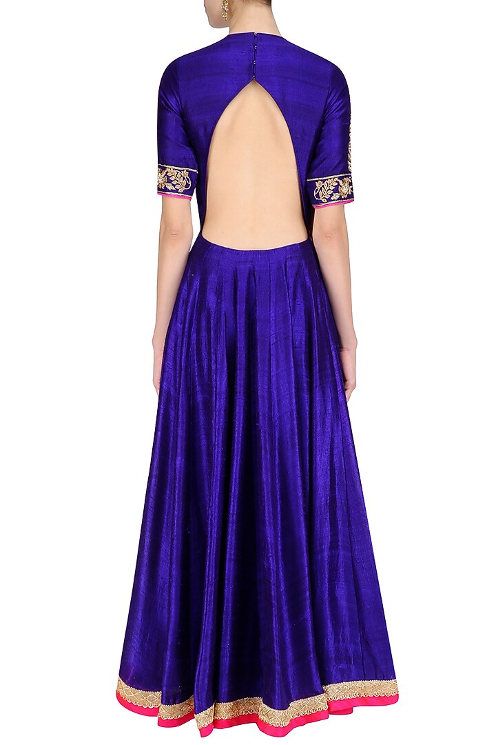 Purple embroidered anarkali set with draped ikat print dupatta available only at Pernia's Pop Up Shop.