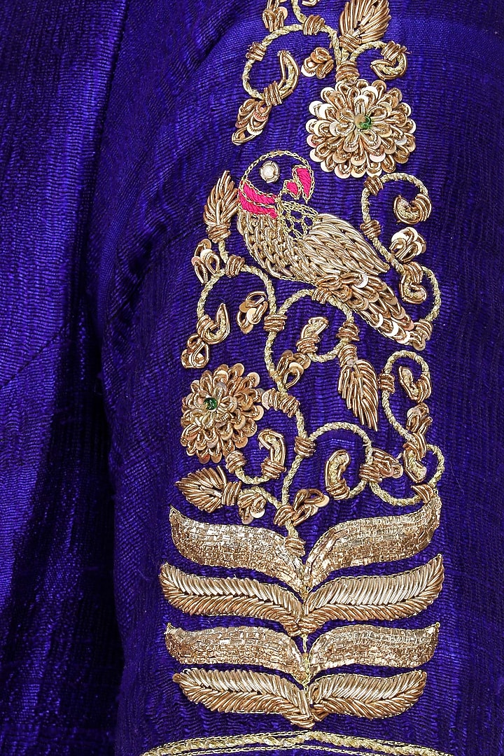 Purple embroidered anarkali set with draped ikat print dupatta available only at Pernia's Pop Up Shop.