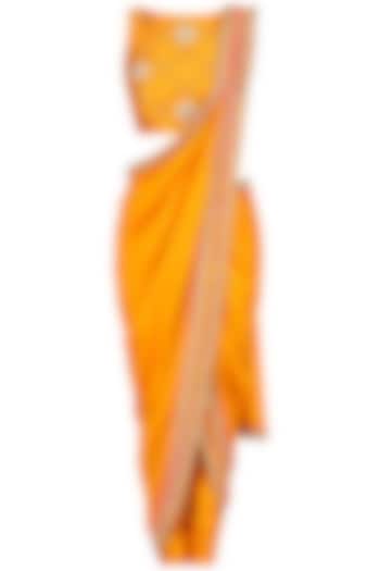 Saffron Embroidere Border Drape Saree with Embellished Blouse and Pants by Tisha Saksena