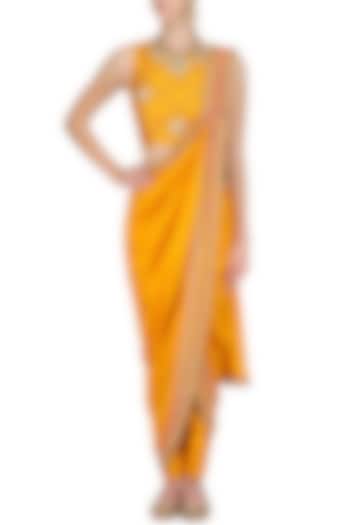 Saffron embroidere border drape saree with embellished blouse and pants available only at Pernia's Pop Up Shop.