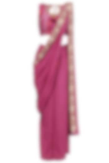 Pink embellished border drape saree with ikat print crop top available only at Pernia's Pop Up Shop.