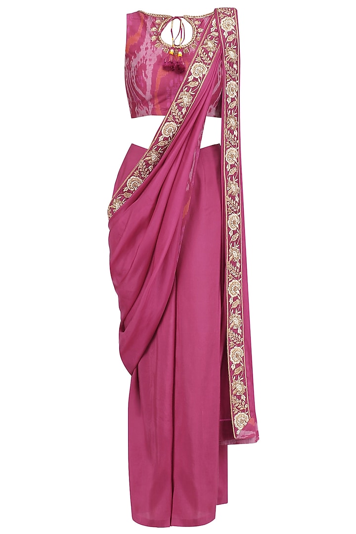 Pink embellished border drape saree with ikat print crop top available only at Pernia's Pop Up Shop.