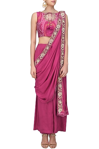 Pink Raw Silk Gota Patti Embroidered Draped Saree Set by Tisha Saksena